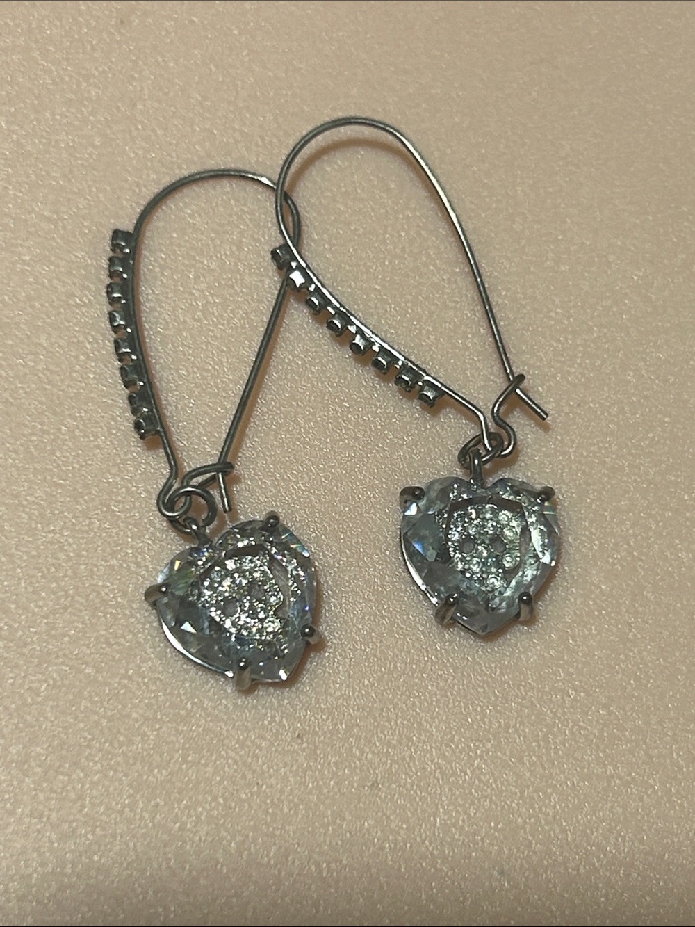 Silver Heart Drop Earrings with Clear Crystal Accents Betsey Johnson